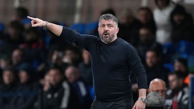 Italy coach Gennaro Gattuso gives directions to his players during the World Cup qualifying play-off soccer match between Italy and Northern Ireland, in Bergamo, Italy, Thursday, March 26, 2026. (AP Photo/Antonio Calanni)