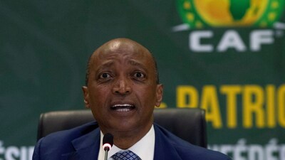 FILE - Confederation of African Football (CAF) President Patrice Motsepe speaks during a news conference in Johannesburg, South Africa, March 16, 2021. (AP Photo/Themba Hadebe, File)