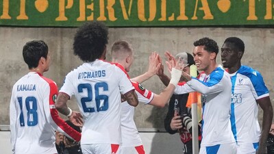 Crustal Palace players celebrates after Ismaila Sarr, far right, scored his side's first goal during the Conference League round of 16 second leg soccer match between AEK Larnaca and Chrystal Palace in Larnaca, Cyprus, Thursday, March 19, 2026. (AP Photo/Petros Karadjias)