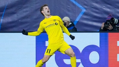 Bodo/Glimt's Ole Didrik Blomberg celebrates after scoring their side's second goal of the game during the Champions League soccer match between Bodo/Glimt and Sporting Lisbon, in Bodo, Norway, Wednesday March 11, 2026. (Fredrik Varfjell/NTB Scanpix via AP)