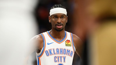 Oklahoma City Thunder guard Shai Gilgeous-Alexander (2) looks on during the second half of an NBA basketball game against the Washington Wizards, Saturday, March 21, 2026, in Washington. (AP Photo/Nick Wass)
