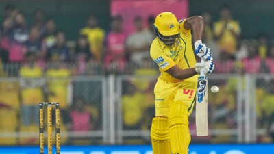 Chennai Super Kings' Sanju Samson plays a shot during the Indian Premier League cricket match between Chennai Super Kings and Rajasthan Royals in Guwahati, India, Monday, March 30, 2026. (AP Photo/Anupam Nath)