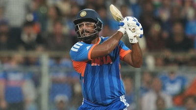 India's Sanju Samson bats during the T20 World Cup cricket semi-final match between India and England in Mumbai, India, Thursday, March 5, 2026. (AP Photo/Rafiq Maqbool)