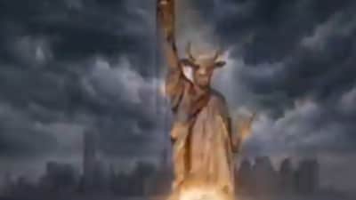 Viral AI clip shows Iranian missile striking Baal-headed Statue of Liberty.  (Image: X/@RT_Com)