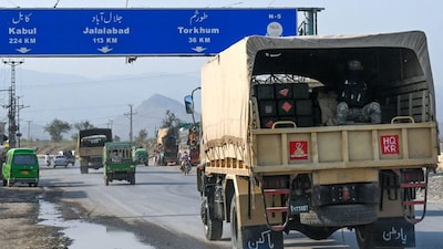 Pakistani army trucks carrying ammunition arrive near the Torkham border between Afghanistan and Pakistan on February 28, 2026. (Image: AFP)