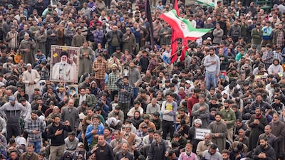 People gather during a protest against the killing of Iran's late Supreme Leader Ayatollah Ali Khamenei, while defying curfew-like restrictions imposed by authorities amid the ongoing West Asia conflict in J&K's Budgam district on March 4, 2026. (Imaeg: PTI/S Irfan)