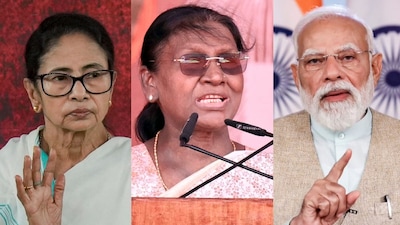 The controversy has moved beyond alleged administrative lapses to a full-blown political tussle, with West Bengal CM Mamata Banerjee (L) denying protocol breach and PM Narendra Modi (R) saying the people of the state won't forgive the TMC over the insult to President Droupadi Murmu (centre). (Image: PTI/File)