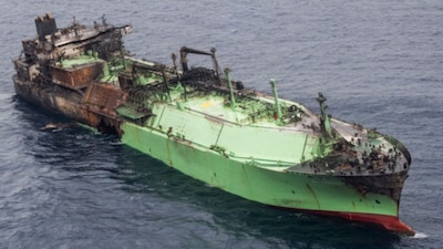 This aerial photo taken on March 15, 2026 shows the wreck of Russian liquified natural gas (LNG) carrier Arctic Metagaz, which is adrift between Malta and Lampedusa. (Image: AFP)