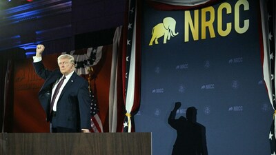 US President Donald Trump raises his fist after speaking at the National Republican Congressional Committee's annual President's Dinner at Union Station in Washington, DC on March 25, 2026. (Image: Jim WATSON/AFP)