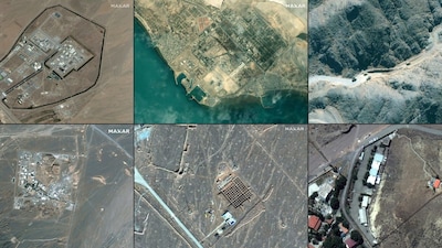 Satellite images (L to R top) of the Arak heavy water reactor facility, Bushehr nuclear power plant, and Natanz nuclear facility; (L to R bottom) Natanz nuclear facility, Fordow fuel enrichment plant, and the alleged Sanjarian nuclear facility. (Image: AFP/File)