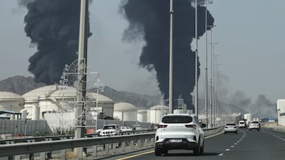 Smoke rising from the direction of an energy installation in the Fujairah port (Image credit: AFP via Getty)