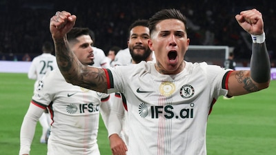 Enzo Fernandez celebrates after scoring a 2-2 equalizer during the Champions League match against PSG (Picture credit: AFP)