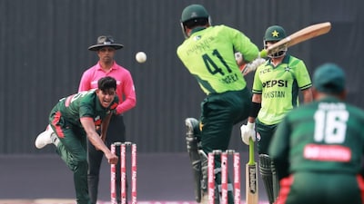 Nahid Rana bowls a delivery to Pakistan's Saad Masood (Picture credit: AP)