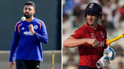 India's Varun Chakaravarthy and England skipper Harry Brook (PTI)
