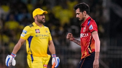 Yuzvendra Chahal clebrates after dismissing MS Dhoni (PTI)