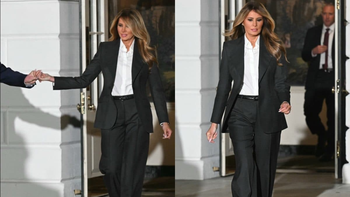 Melania Trump Brings Back Political Power Dressing In Dark Grey Pantsuit