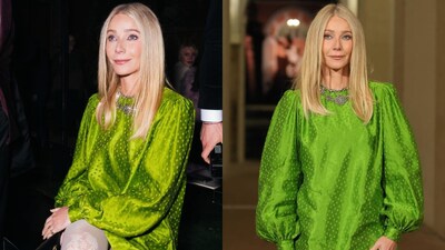 Gwyneth Paltrow attended the Valentino showcase in a lime green mini dress