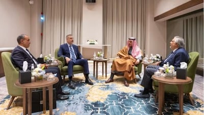 In a handout photo from the Saudi government, the foreign ministers from Egypt, Turkey, Saudi Arabia and Pakistan meet on March 19 in Riyadh. (Credit: Ministry of Foreign Affairs of Saudi Arabia)