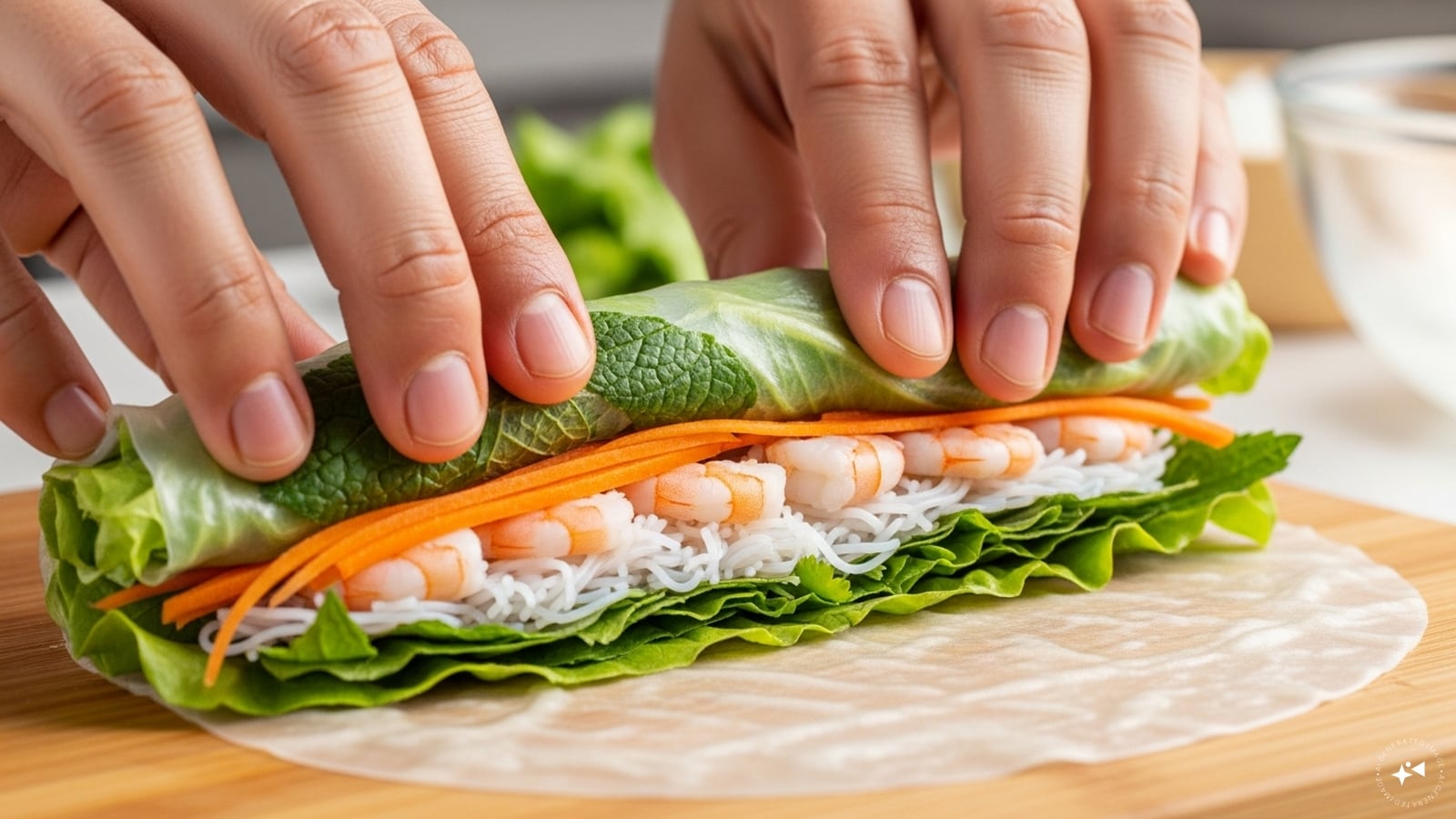 5. Step 4: Roll It Up NeatlyFold the bottom edge over the filling, then tuck in the sides. Roll it forward tightly but gently, keeping everything compact. The rice paper will stick to itself, sealing the roll naturally. 5. Step 4: Roll It Up NeatlyFold the bottom edge over the filling, then tuck in the sides. Roll it forward tightly but gently, keeping everything compact. The rice paper will stick to itself, sealing the roll naturally.