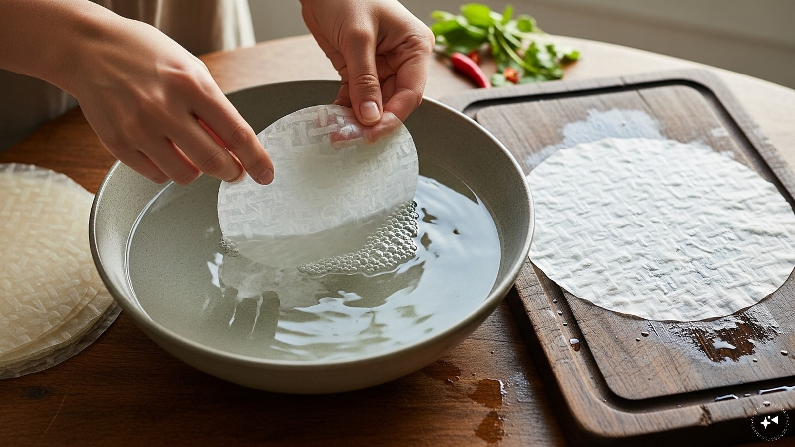 3. Step 2: Soften the Rice PaperFill a wide bowl or plate with lukewarm water. Dip one rice paper sheet into the water for about 5-10 seconds until it softens. Don’t over-soak, as it continues to soften after you remove it. Place it gently on a clean, flat surface like a wooden board or damp cloth. 3. Step 2: Soften the Rice PaperFill a wide bowl or plate with lukewarm water. Dip one rice paper sheet into the water for about 5-10 seconds until it softens. Don’t over-soak, as it continues to soften after you remove it. Place it gently on a clean, flat surface like a wooden board or damp cloth.