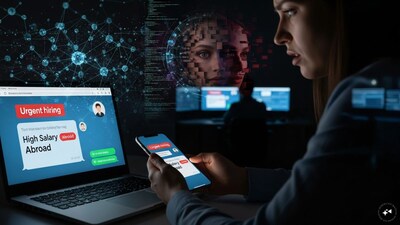 Fake job offers circulated through social media platforms, messaging apps, or recruitment agents. These offers promise high-paying roles in IT support, customer service, or digital marketing abroad.