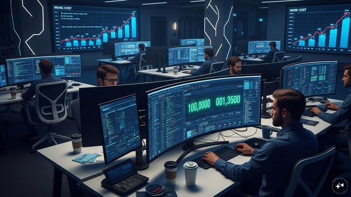 Engineers working with AI interfaces in a modern office environment