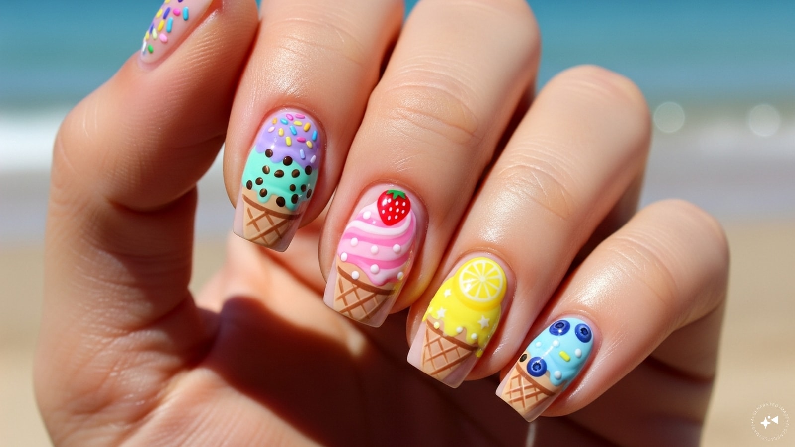 Ice Cream Cones: Cute little ice cream designs, like pastel-colored cones topped with sprinkles, are whimsical and perfect for summer. They are guaranteed to make you smile every time you look at your nails.