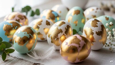 Gold Foil Glam Eggs: Add a touch of luxury with gold foil accents. Apply adhesive in random patches and gently press gold leaf onto the egg. Pair it with white or pastel bases for a chic, modern look that feels festive yet sophisticated.