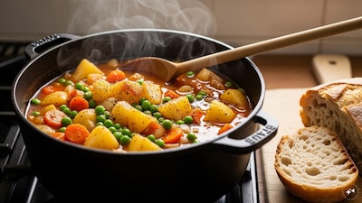 11. Potato Stew: Potatoes are inexpensive, filling, and cook beautifully in one pot. A simple stew with potatoes, carrots, peas, and spices can be eaten on its own or paired with bread. It’s comfort food at its best.