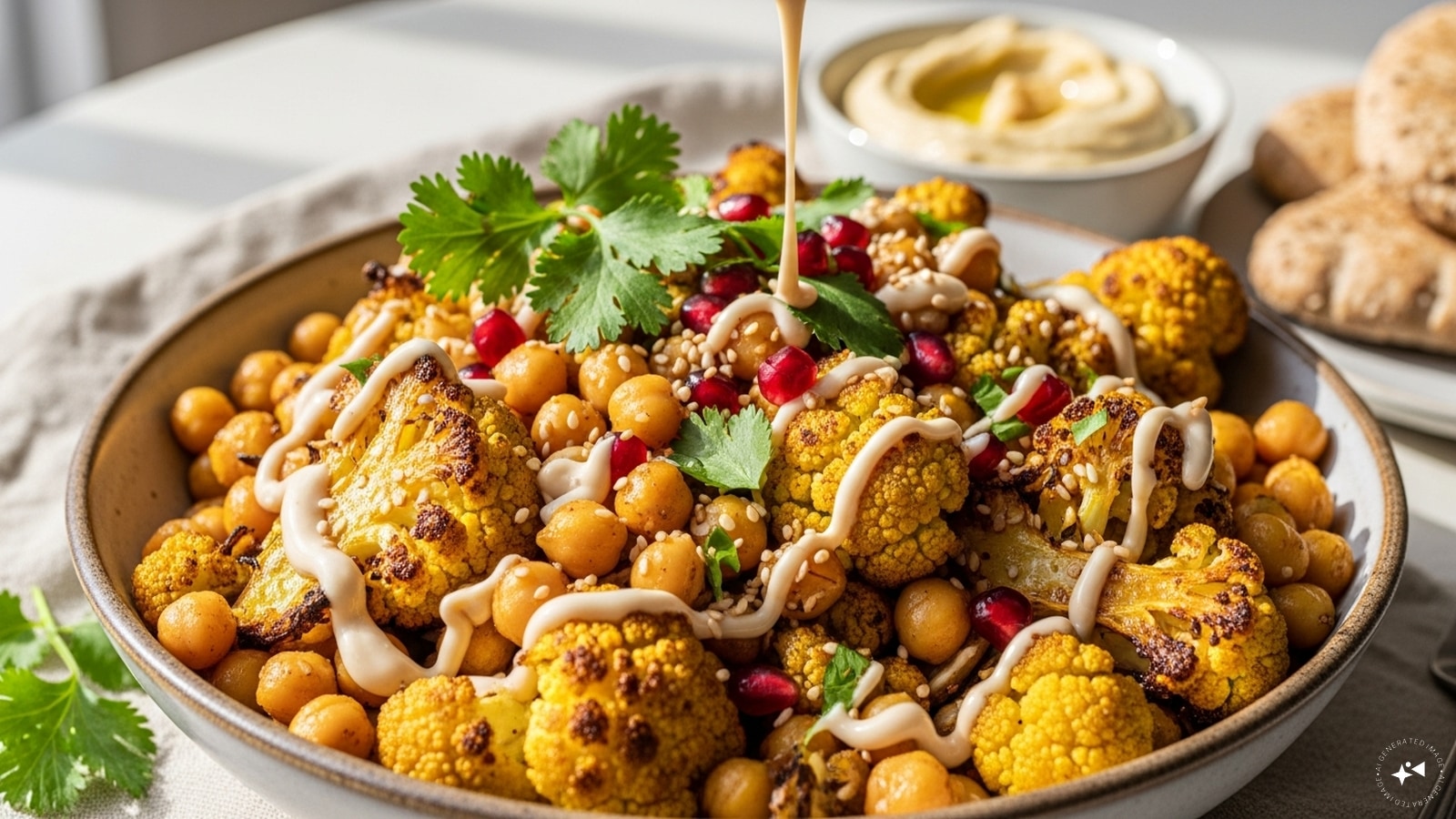 Roasted Turmeric Cauliflower Bowls: Combining anti-inflammatory turmeric with fiber-rich cauliflower and chickpeas, this bowl supports gut health and mood stability. The healthy fats from a tahini dressing ensure nutrient a