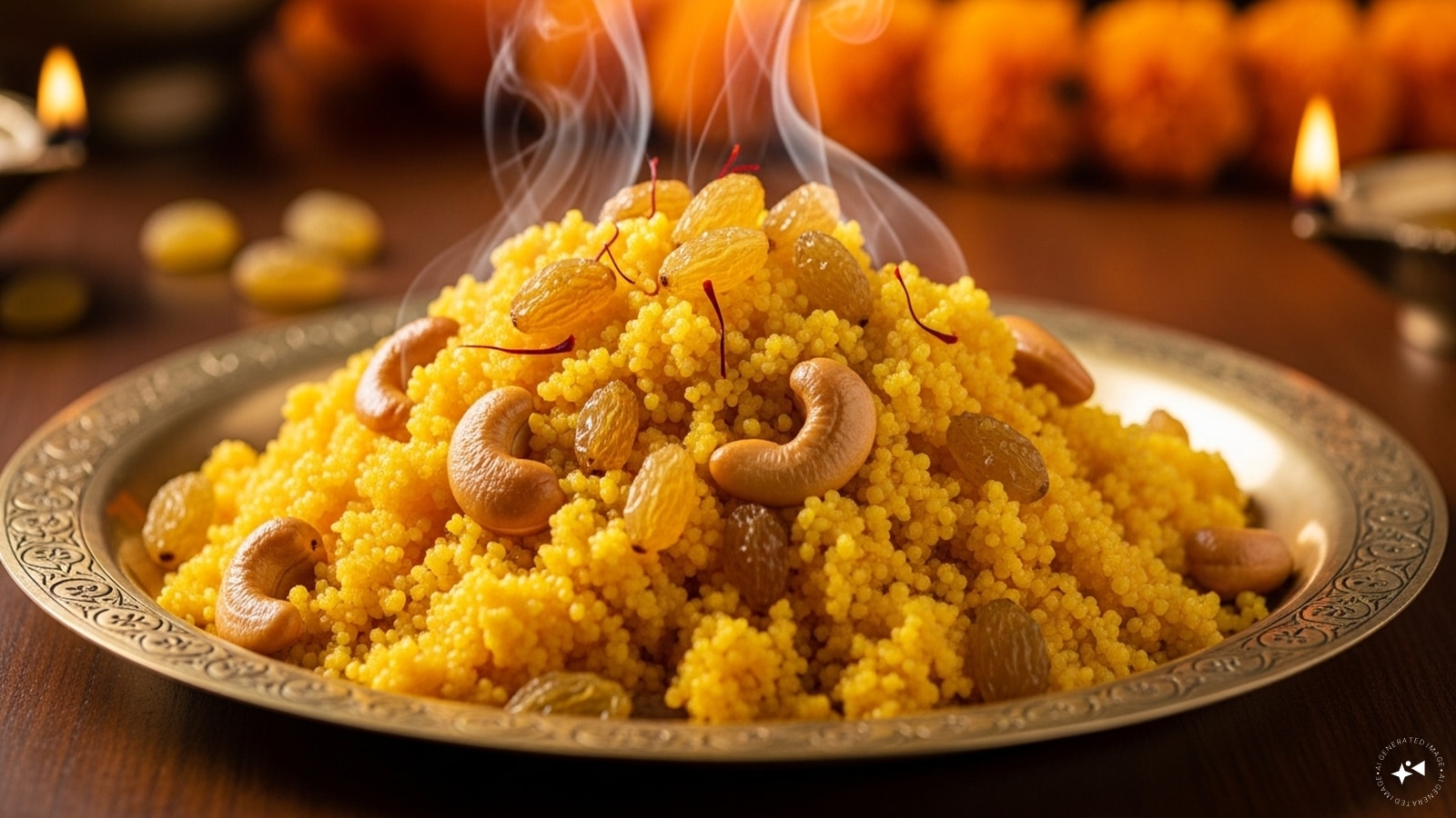Rava Kesari (South India): This vibrant semolina dessert, also known as Kesari Bath, is flavoured with saffron and garnished with cashews and raisins. Rava Kesari is a popular prasad offering in temples and homes during auspicious occasions.