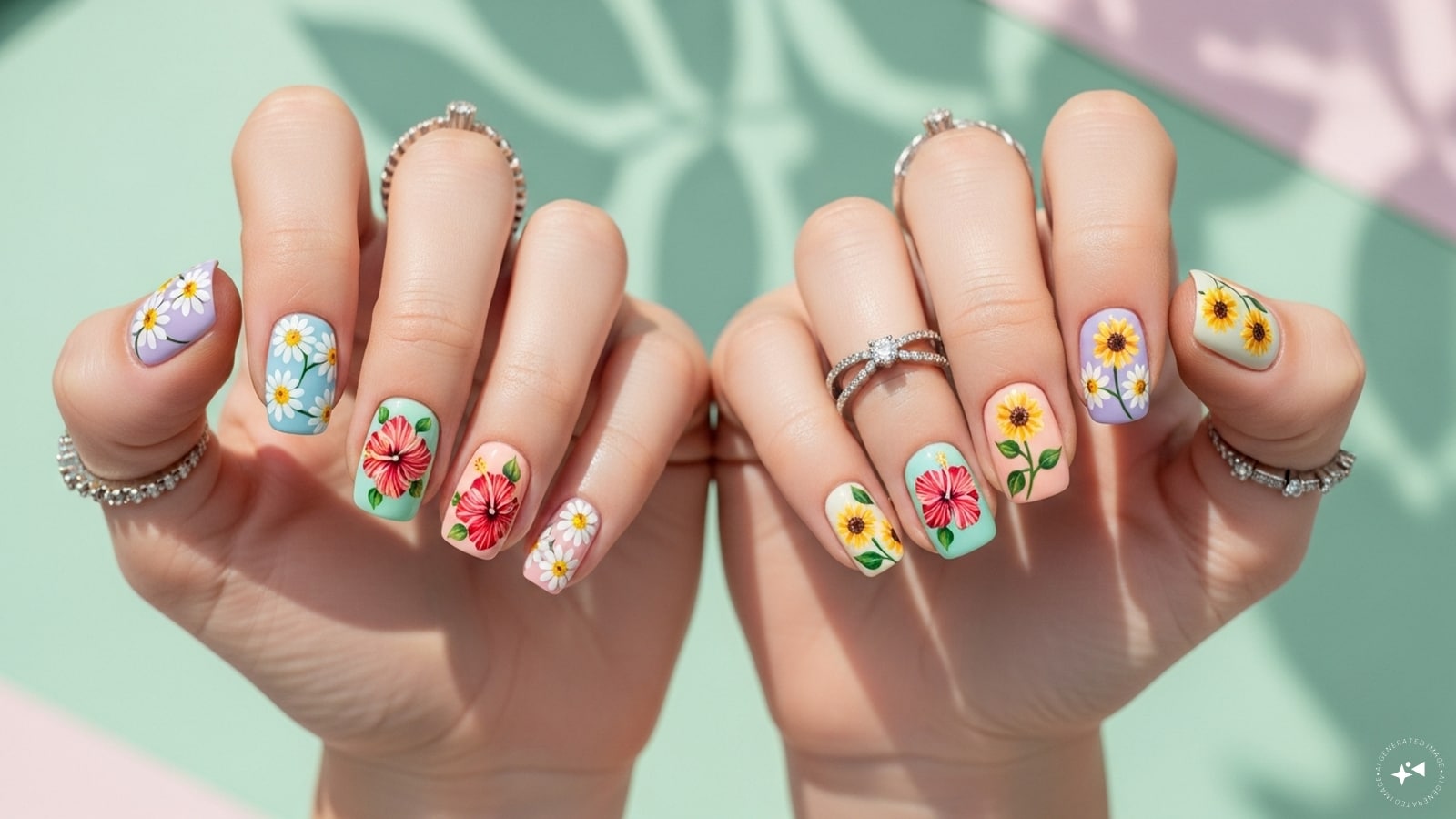 Floral delights: delicate daisies, hibiscus or sunflowers painted on pastel-colored bases provide a fresh and feminine atmosphere. Floral nail art is timeless and works wonderfully for summer weddings or garden parties.