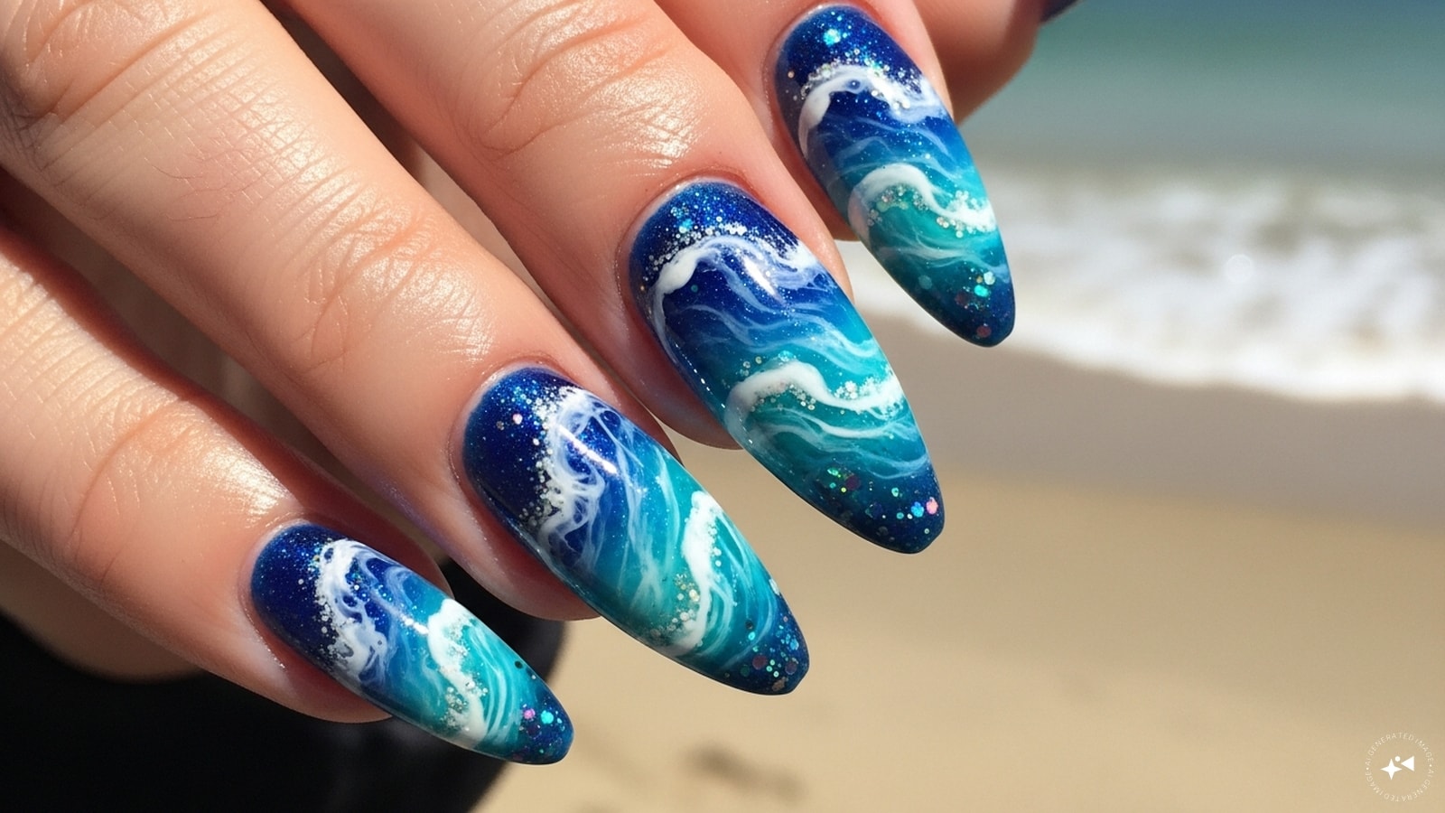 Ocean Waves: Blue and turquoise swirls mimic the look of ocean waves. Add a touch of glitter for that shiny marine effect. These nails are perfect for anyone who loves the beach.