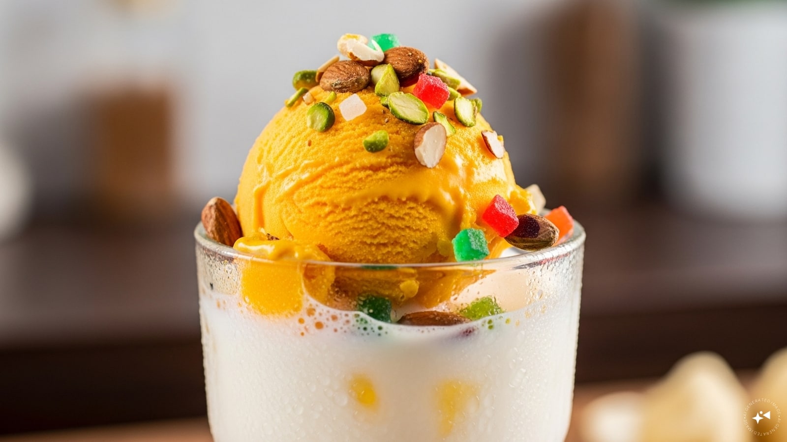  Pour in chilled milk. Slowly add a scoop of mango ice cream on top. Garnish with chopped nuts and tutti frutti. Serve chilled!