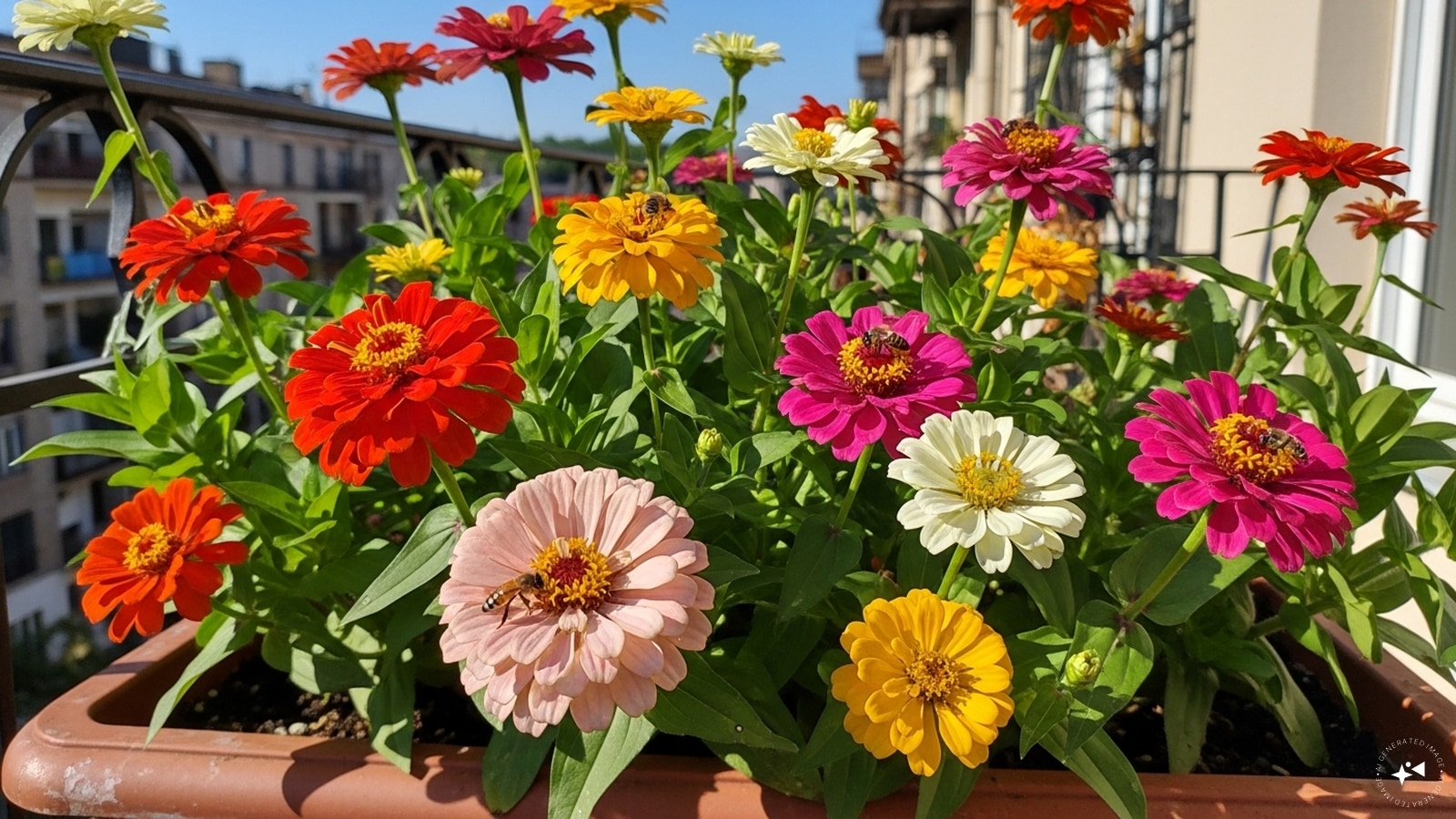 Zinnia: Zinnia plants are famous for their ability to withstand baking heat while producing a rainbow of colors. They are fast growers and very easy to maintain from seed. Their stiff stems make them resilient against the occasional gusty balcony wind.