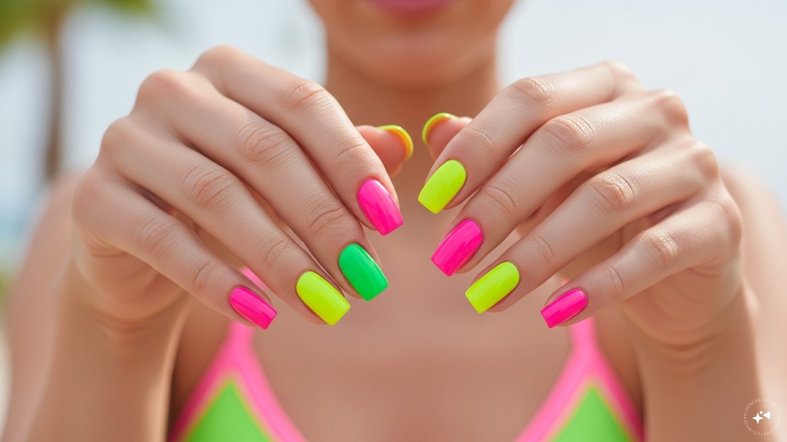Neon Pop: Summer is the season to dare. Neon shades of pink, green and yellow make a statement and look amazing on tanned skin. Try alternating neon colors on each nail for a fun combination.