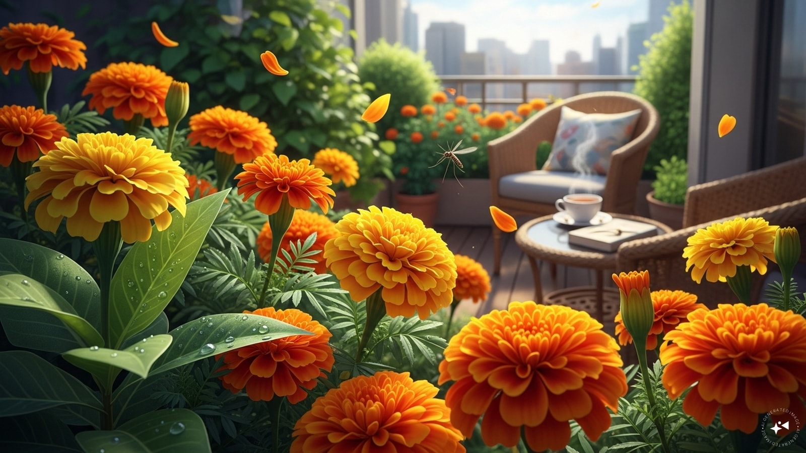 Marigolds: These bright, sunny flowers provide immediate color therapy to boost your mood. Beyond their visual cheer, they are natural pest repellents, keeping mosquitoes and aphids away without the need for toxic chemical sprays, making your balcony a safer, healthier environment.