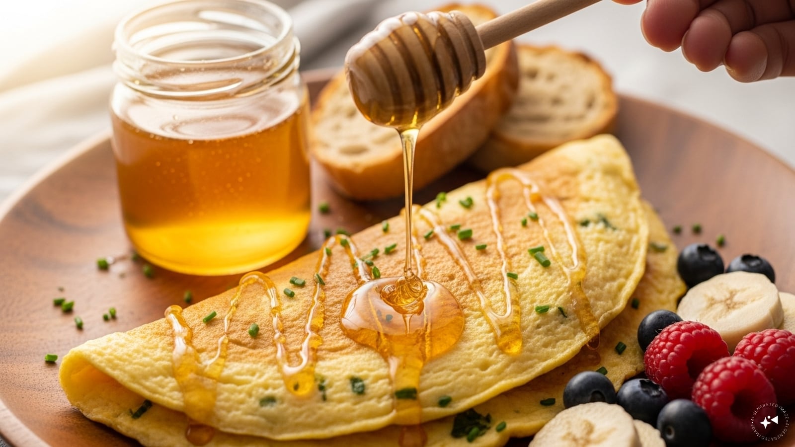 Pairing hot honey with eggs might sound unusual, but the combination works beautifully. The richness of the omelette is cut by the sweetness, while the spice keeps things exciting.