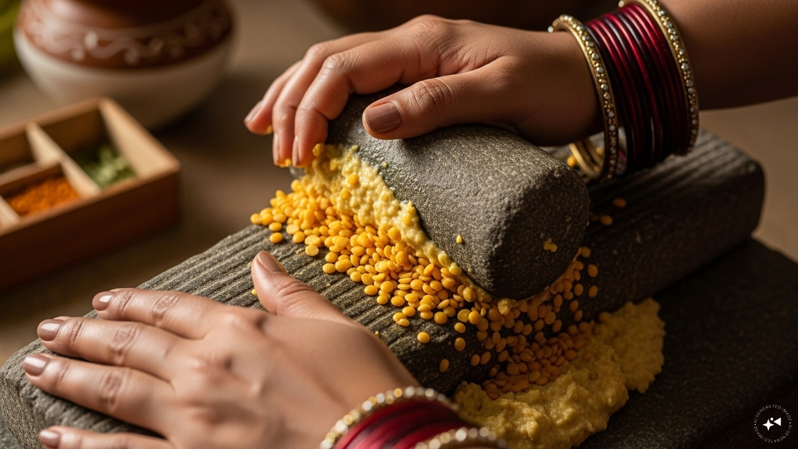 At first, grind the soaked dal with very little water into a thick batter.
