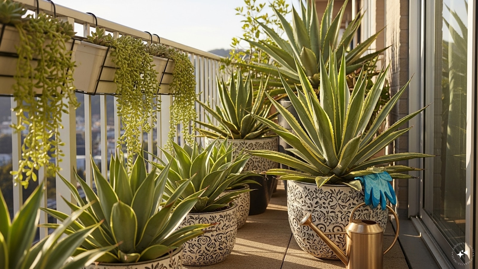 Agave: For a modern, low-maintenance look, Agave is the ultimate "set it and forget it" plant. This architectural succulent thrives in punishing heat and requires very little water. Its structural leaves add a sophisticated, desert-chic vibe to your balcony container garden.