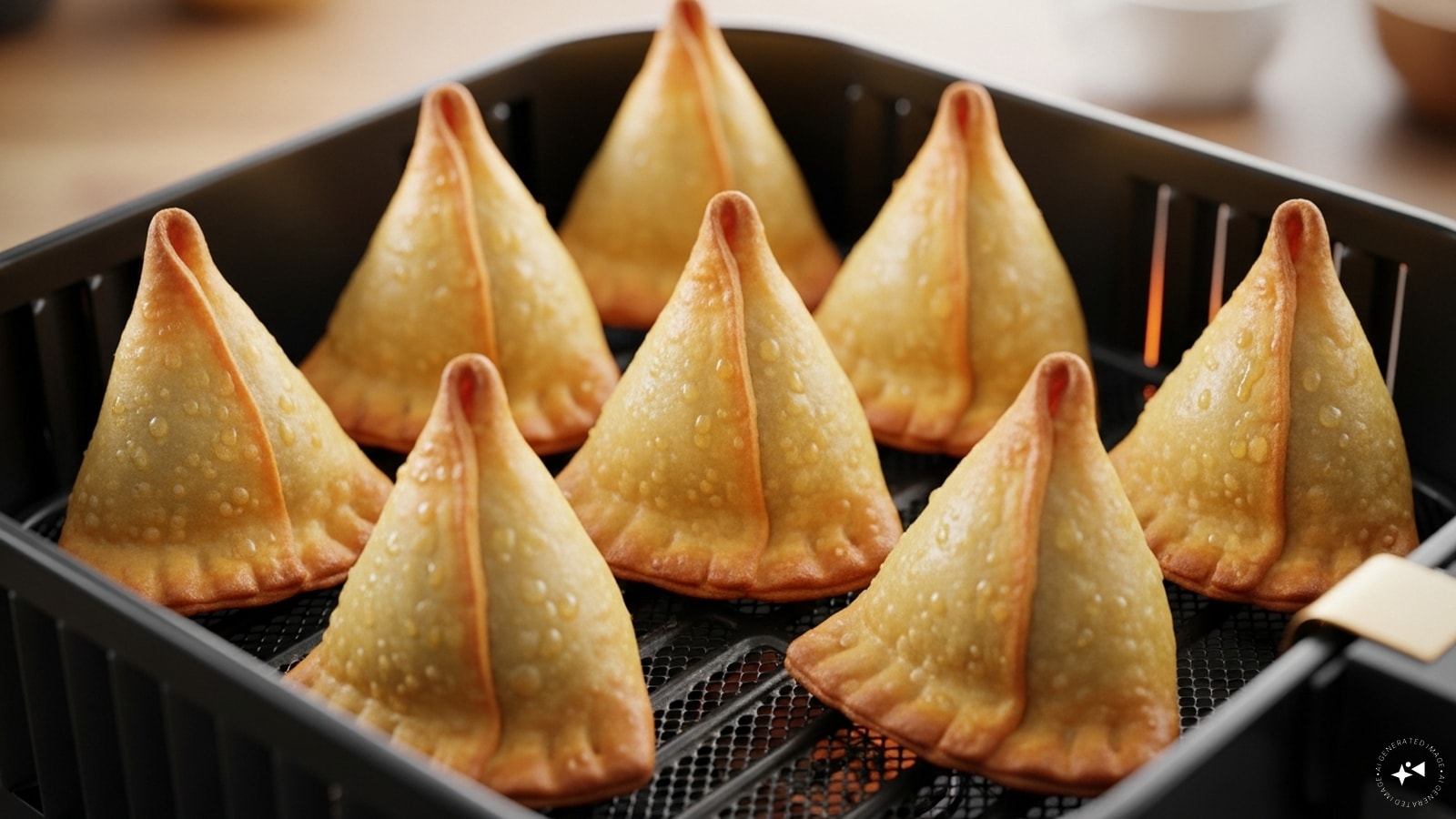  Lightly brush or spray oil on each samosa. Arrange them in the air fryer basket in a single layer. Cook at 180 degree Celsius for 10-12 minutes, flipping halfway, until golden and crispy. 