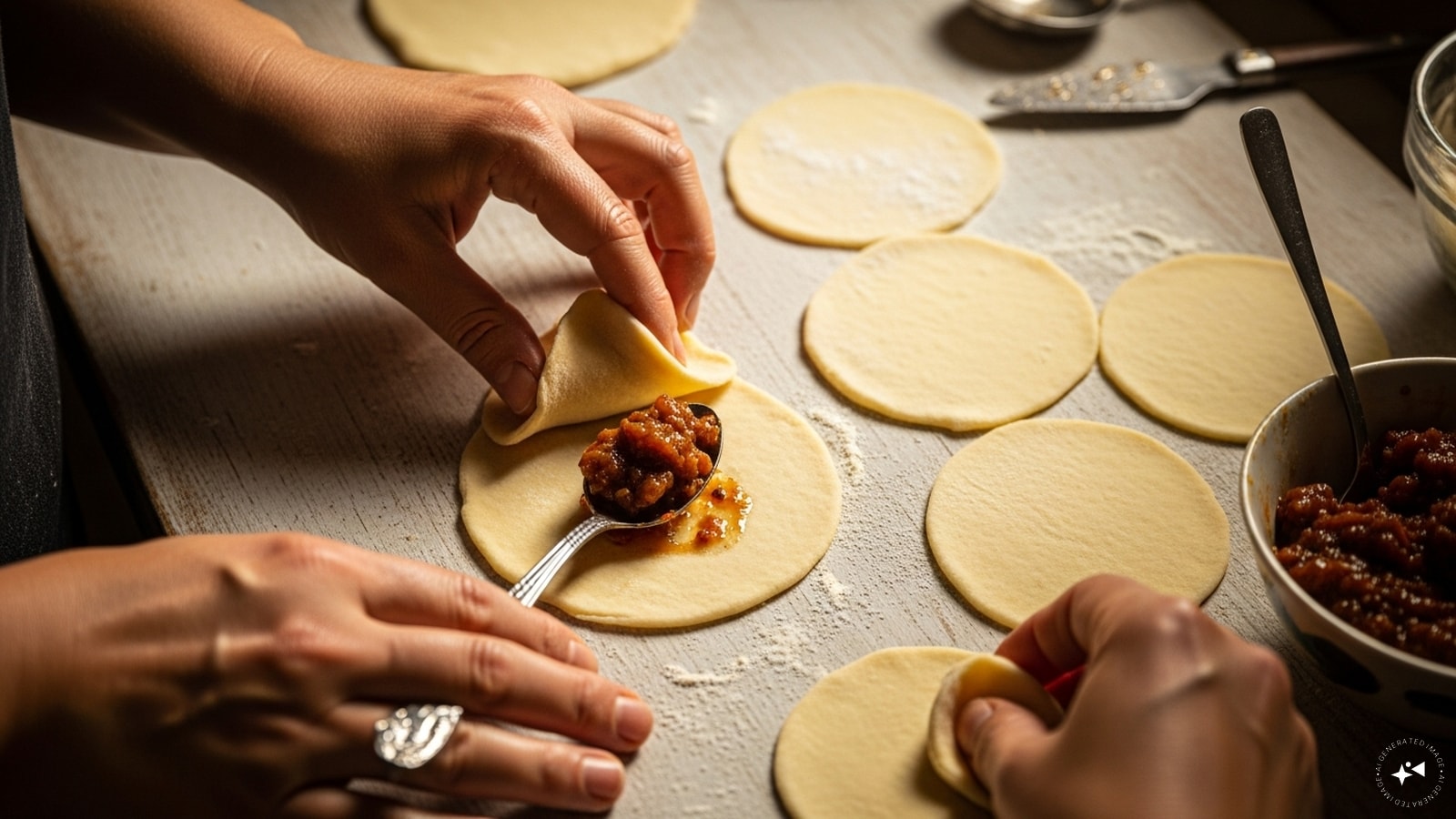 Take small portions, roll them into thin circles, place a spoonful of filling in the centre and fold them into cones. 