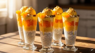   Ingredients: 4 teaspoon of basil seeds, 4 cups water, 1 cup of falooda sev or vermicelli (cooked), 3 cups of full cream milk (chilled), 2 tsp sugar, 8 tablespoon of mango pieces, 4 tablespoon mango jelly, 1 cup mango pulp, 4 scoops of mango ice cream, 4 tablespoons of chopped cashews, almonds and pistachios, 6 teaspoons of tutti frutti. 