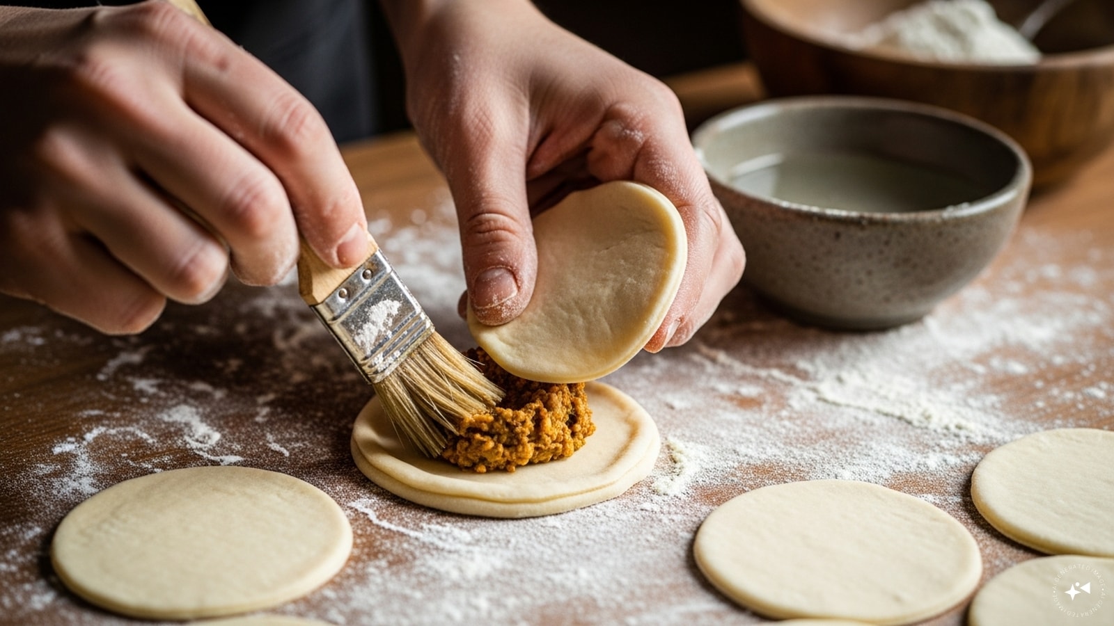  Next, seal with water and flour. Repeat the same process with other circles cut out from the dough. 