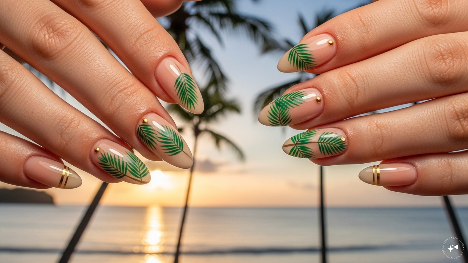 Tropical Palm Tree Prints: Nothing says summer like palm trees swaying in the breeze. A pastel or nude base topped with green palm leaf designs instantly gives your nails a holiday feel. Combine it with gold details for an elegant touch.
