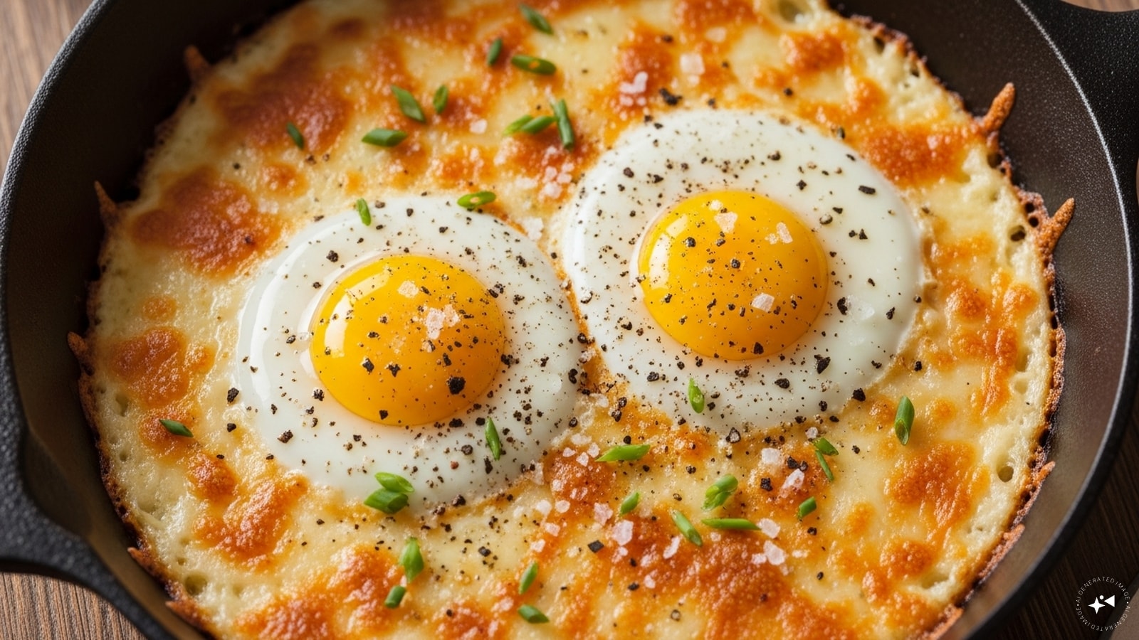 Crack the Eggs: Break two eggs directly on top of the cheese layer. Season lightly with salt and pepper.