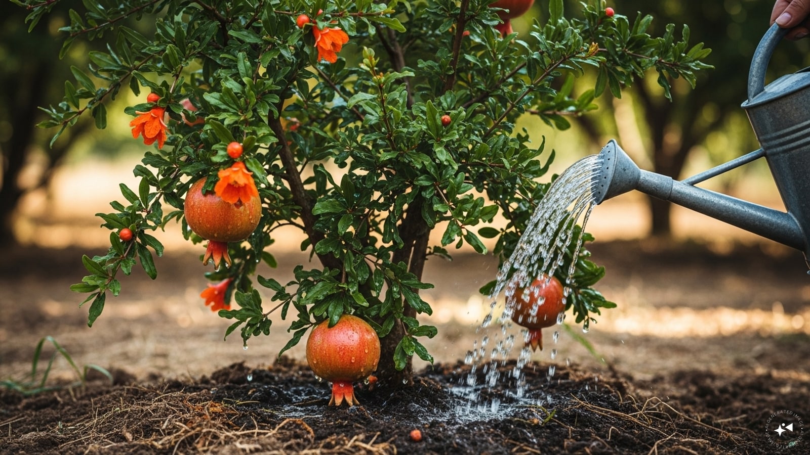     Water carefully and constantly: Water the plant when the top of the soil feels dry. Pomegranate tolerates short periods of drought but does not like waterlogged soil. Regular but moderate watering keeps roots healthy and supports steady growth, especially during flowering and fruit development.