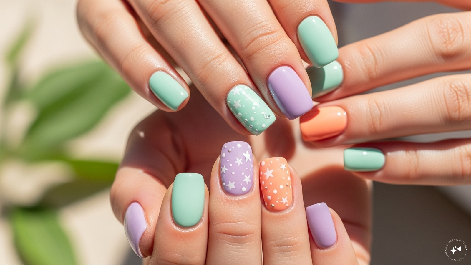Pastel Perfection: Soft pastel shades like mint, lavender, and peach are perfect for a subtle yet summery manicure. Add small dots or stars to add more charm.