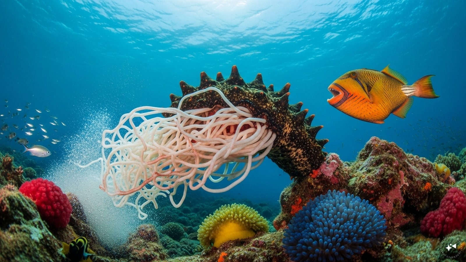 خيار البحر يُخرج أحشاءه: عندما يشعر خيار البحر بالخطر، يلجأ إلى خطة هروب جريئة. إذ يُطلق أعضاءه الداخلية من مؤخرته لإرباك المفترسات أو تشتيت انتباهها. لا داعي للقلق، فخيار البحر ينجو من هذه المحنة، ويعيد نمو أجزائه المفقودة في النهاية.