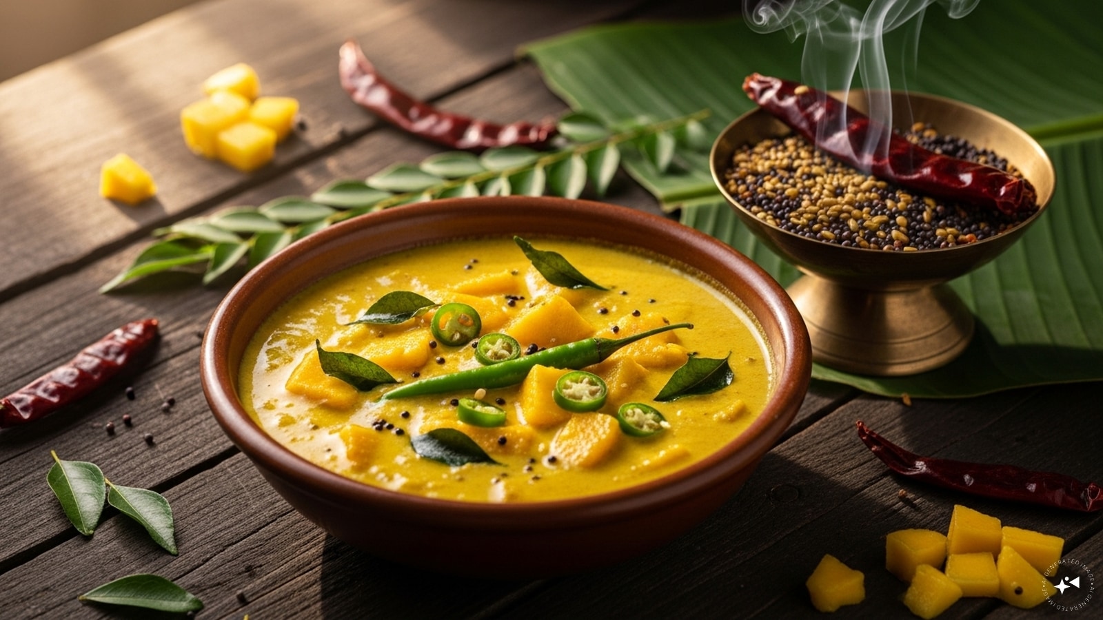 Mango Pulissery (Kerala): This traditional yogurt-based curry features ripe "nattu" mangoes simmered in a spiced coconut paste with green chilies and mustard seeds. The result is a delicate balance of sweet, sour, and savory that pairs beautifully with steamed red matta rice.
